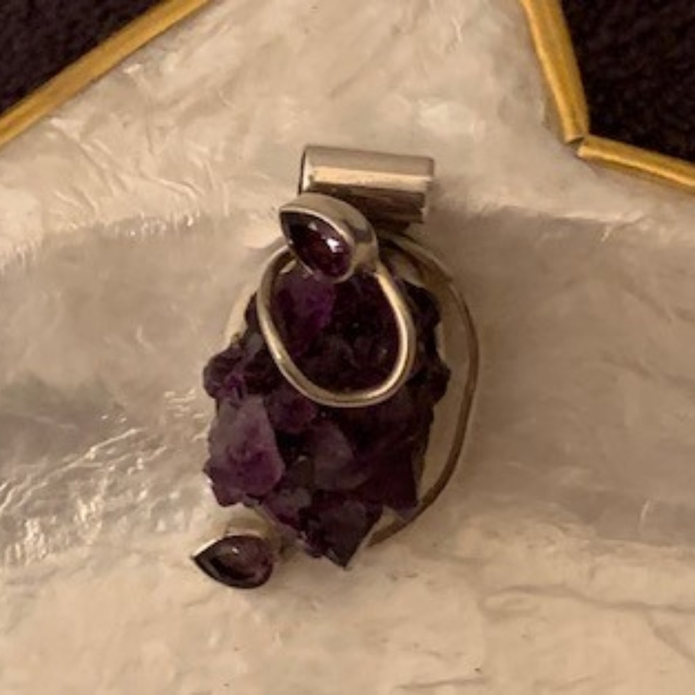 Handmade Rough Amethyst Set in Silver Pendant
